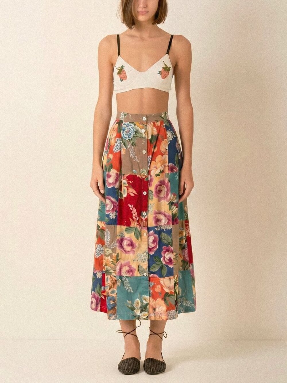 Vtg 90s Susan Bristol Floral Patchwork Maxi Skirt 10 Cotton Linen Button Pocket